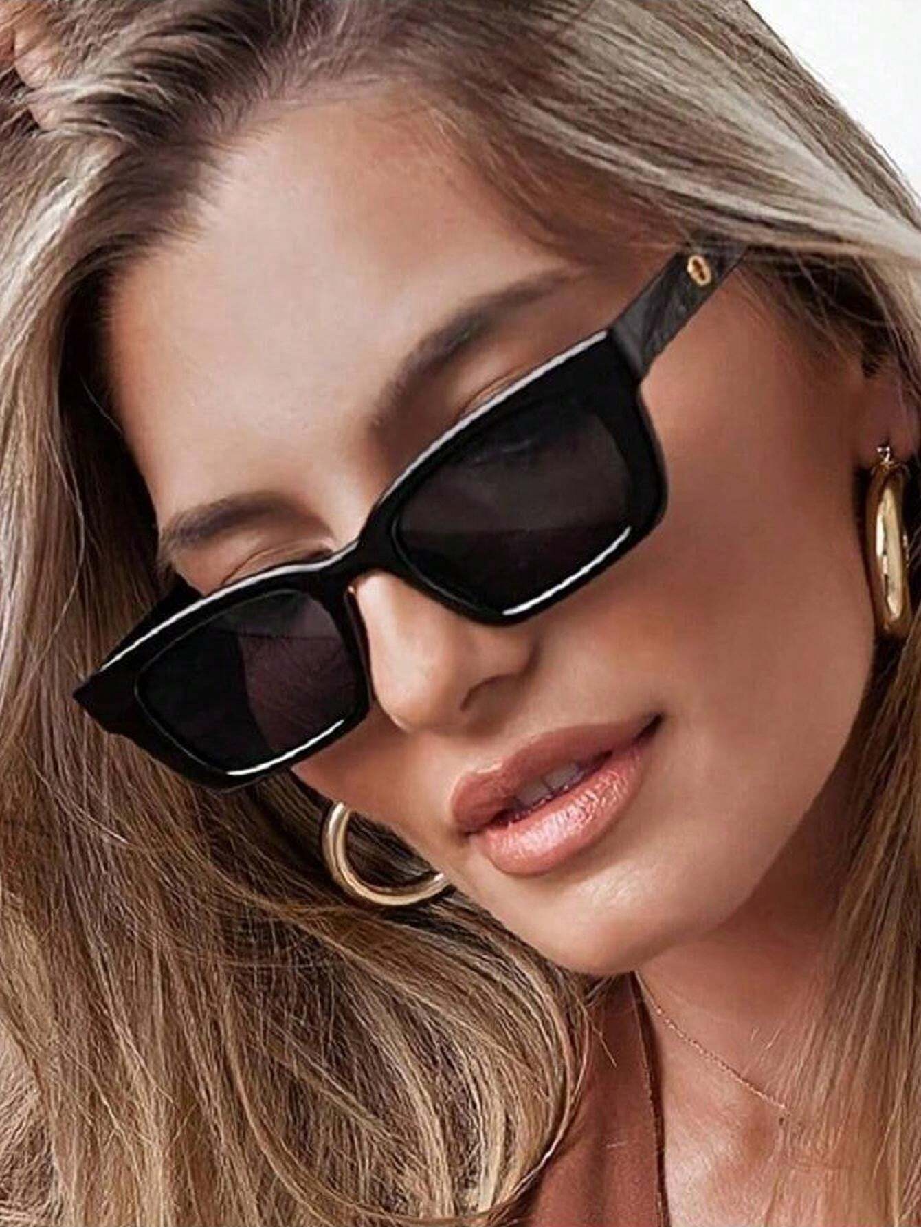 Modern Black Rectangle Frame Sunglasses with Gold Detail